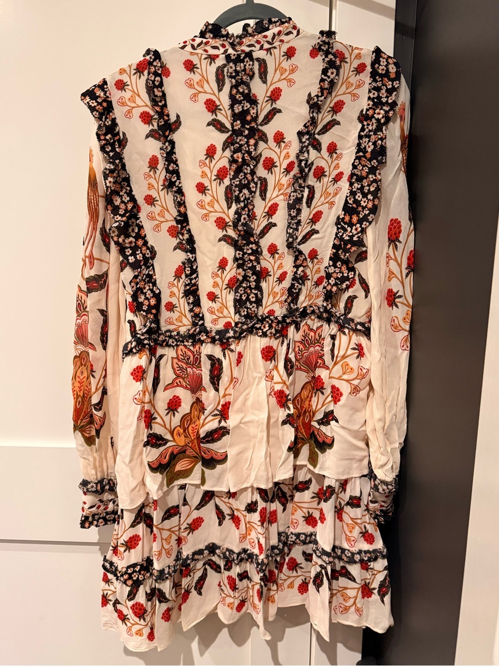 Farm Rio Floral Tiered Ruffle Mini Dress - Ivory with Red & Gold Print - Picture 2 of 2
